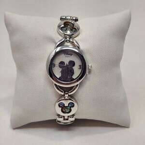 Disney Mickey Mouse Head Silver Tone Watch MOP Face Abalone Shell Inlay MK2006A